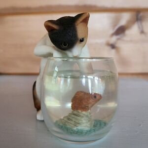 Stone Critters Kitty Catch Of The Day Calico Cat GoldFish Bowl Figure Vintage